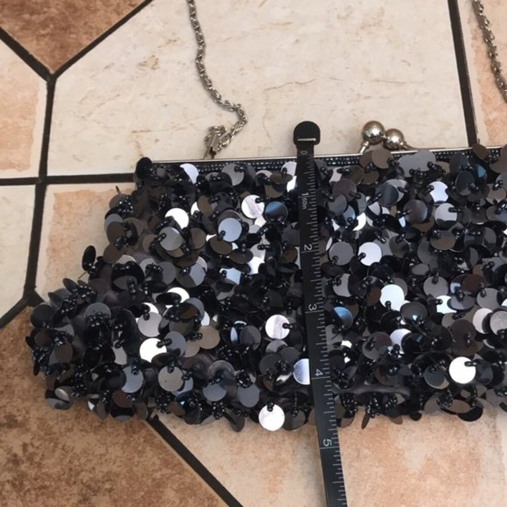 Vintage Y2K black sequin beaded clutch cocktail purse evening bag with chain - Picture 8 of 11